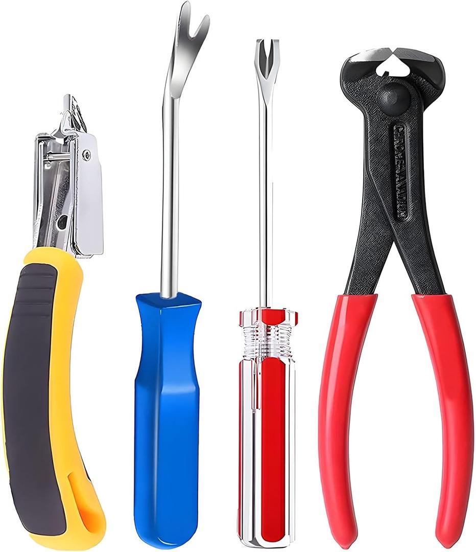 Upholstery Staple Remover Tack Puller Nail Remover Tool Set Nail Puller Plier, Staple Puller, Tack Lifter, Fastener Remover, for Furniture Floor Wall Wooden Case Car Photo Frame (4 pcs)