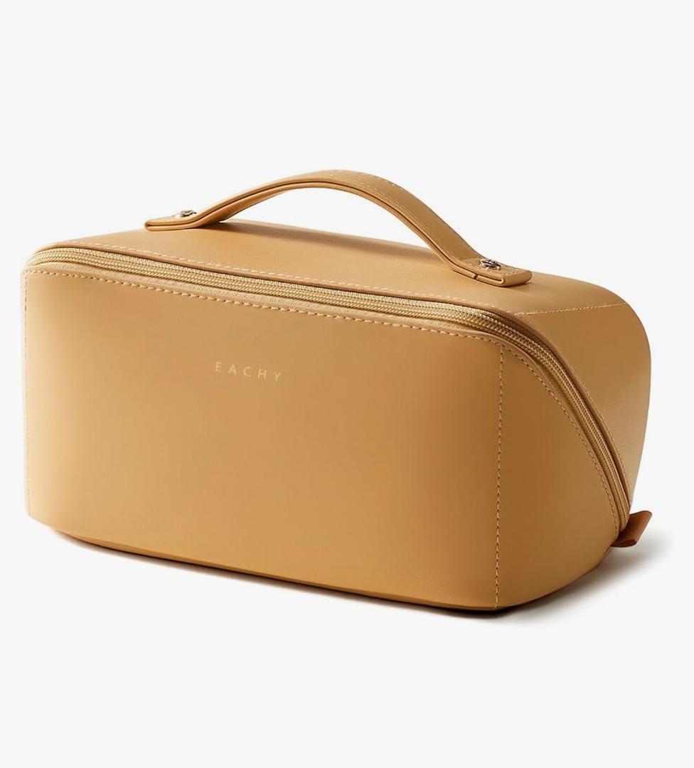 EACHY Travel Makeup Bag, Large Capacity Cosmetic Bag for Women, Waterproof PU Leather, Flat Open Portable Toiletry Bag for Skincare, Brushes & Travel Essentials