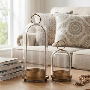 Metal Candle Holder with Handmade Glass Dome in Brass, 5" & 4" Wide Versatile Hurricane Glass Candle Holders Set of 2, for Pillar Candles & Plants (Brass)