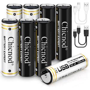 CHICNOD USB-C Rechargeable AA Batteries, 3300mWh Li-ion 1.5V Constant Voltage, Fast Charging Double A Lithium Batteries with Type-C Cable, Long-Lasting for Toys, Remotes, Flashlights, 8 Pack