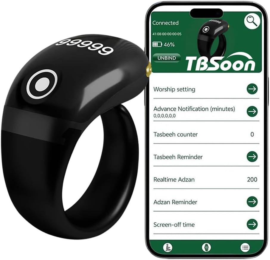 Lightweight Tasbih Smart Ring, Tasbeeh Counters,Prayer Direction Indicator Guide,5 Azan Alarm Clock,Forgiveness,Electronic Rosary,Eid al-Fitr Eid al-Adha Ramadan Gift for men women-Black Pro with APP
