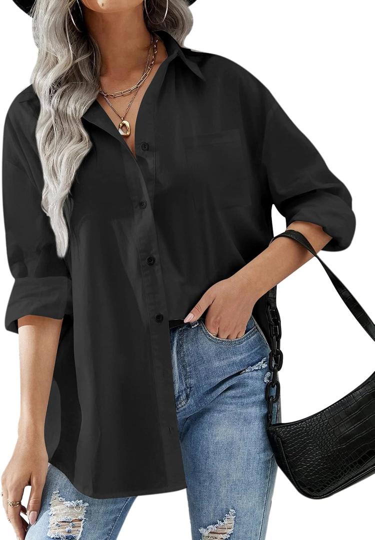 HOTOUCH Women Oversized Button Down Shirts Office Drop Shoulder Blouse Long Sleeve Boyfriend Dress Shirt with Pockets (Large, Black)