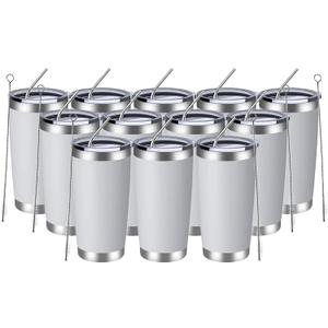 MEWAY 20oz Tumbler 12 Pack Double Wall Vacuum Insulated Travel Mug Bulk, Stainless Steel Tumblers with Lid and Straw, Durable Powder Coated Coffee Cups for Cold & Hot Drinks (White, 12)