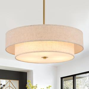 17.7" Modern Drum Chandelier, 2-Layer Linen Pendant Light Fixture
