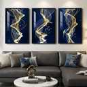 Large Framed Modern Blue and Gold Wall Art for Living Room, 3 Piece Abstract Artwork for Walls, Contemporary Luxury Line Pictures Prints Paintings for Hallway Dining Room Office 24x36 Inch