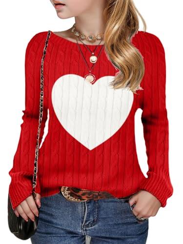 Girls Heart Sweaters Valentine Outfits Activity Tops Kids Teen Clothes Fashion Long Sleeve Cable Knit Casual Pullover Size 150, 10–12 years