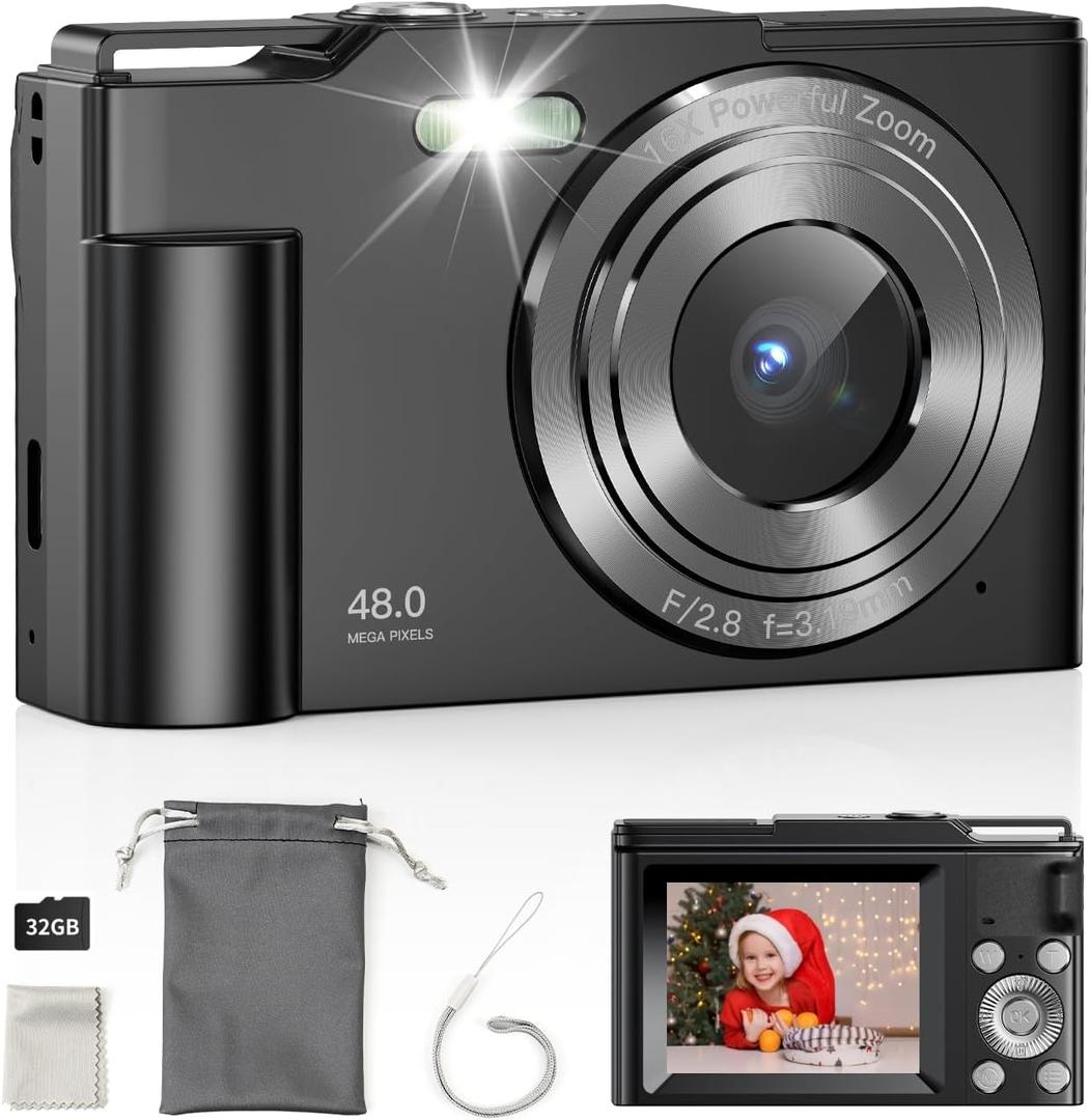 Digital Camera, FHD 1080P Kids Point and Shoot Camera with 16X Digital Zoom, Anti-Shake, Flash, 32GB Card, Portable Compact Travel Camera for Boys, Girls (Black)