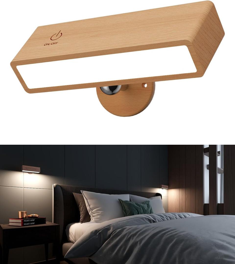 YiLaie Battery Operated Wall Sconce with Remote,Wall Sconces Set of 1,Wall Lights for Bedroom Wireless, Rotatable Cordless Wall Lamp with 3 Color Temperature for Bedroom,Living Room,Bedside Reading, Beechwood