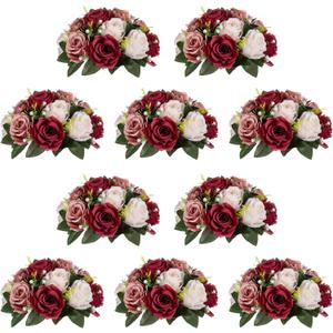 NUPTIO Artificial Flower Centrepieces for Tables - 10 Pcs Burgundy & Dusty Rose & Creamy White Fake Flowers Roses Balls 9.5in Diam - Silk Faux Rose Arrangement for Wedding Party Table Decor