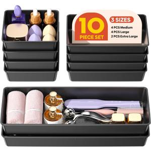 10 Pack Large Size Plastic Drawer Organizers Set, 3 Sizes Desk Drawer Organizer Trays, Storage Bins for Vanity, Makeup, Bathroom, Kitchen Utensils and Office (Black)