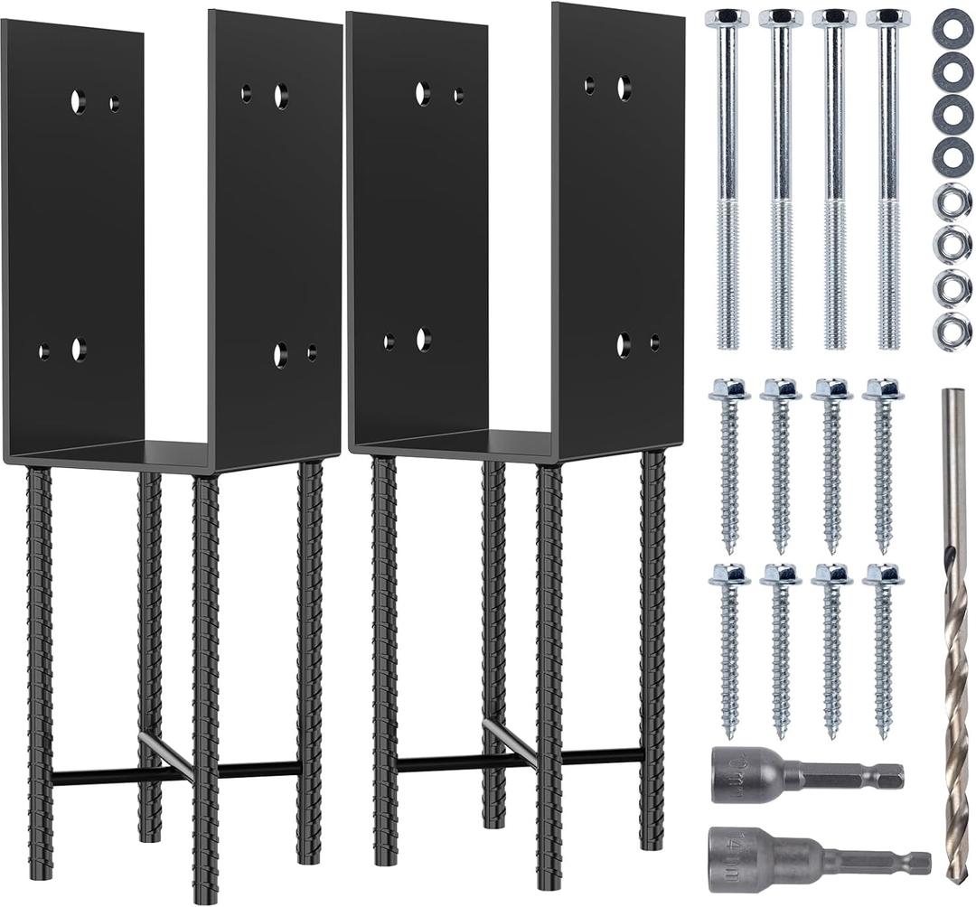 U-Shape 6x6 (Actual 5.6x5.6) Post Base Stainless Steel Heavey Duty Wet Concrete Fence Bracket Deck Railing, Pergola, Porch, Wood Fence, Sheds, Mailbox, Ground Holders Support (2pk Black)