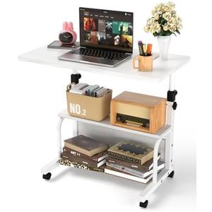 QZMDSM Portable Desk with Wheels Small Standing Desk on Wheels Adjustable Height Rolling Desks for Small Spaces, 32" Computer Desks with Storage Shelves for Home Office Study White