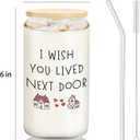 I Wish You Lived Next Door Glass Cup Lids and Straws 14oz, Best Friend Bestie BFF Gifts for Women, Friendship Gifts Glass Iced Coffee Tumbler Drinking Jars with Cleaning Brush