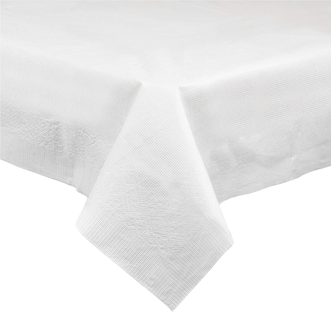 PLASTICPRO Disposable 3 Ply Paper & Plastic Tablecloth Absorbent, Waterproof, White Table Cover for Rectangle Tables fits 6-8 Foot Tables Size: 54'' X 108'' Case of 36