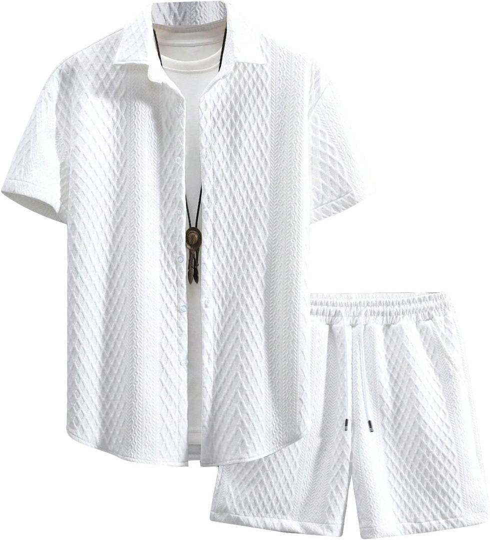 GORGLITTER Men's 2 Piece Outfits Waffle Knit Button Down Shirt Top and Shorts Set XXL