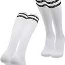 2 Pairs Kids Soccer Socks Boys Girls Striped Knee High Tube Socks Baseball Softball Uniform Over Knee Socks (White)