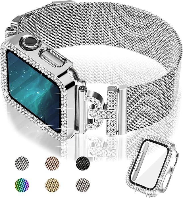 JOYOZY Magnetic Band Compatible with Apple Watch 38mm-46mm Milanese Strap with Bling Glitter Case and Screen Protector Dressy Stainless Steel iWatch Loop for Women (Silver,  46mm)