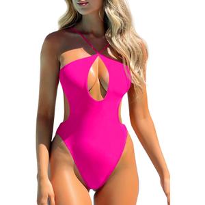 Saodimallsu Womens Sexy One Piece Bathing Suit Plunge Neck Cut Out Backless Criss Cross High Waisted Swimsuit (Large, Rose)