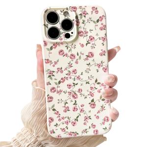 Compatible with iPhone 14 Pro Case Cute Aesthetic Flower Floral Vintage Rose Pattern Design for Women Girls Soft TPU White Back Shockproof Protective Phone Cover