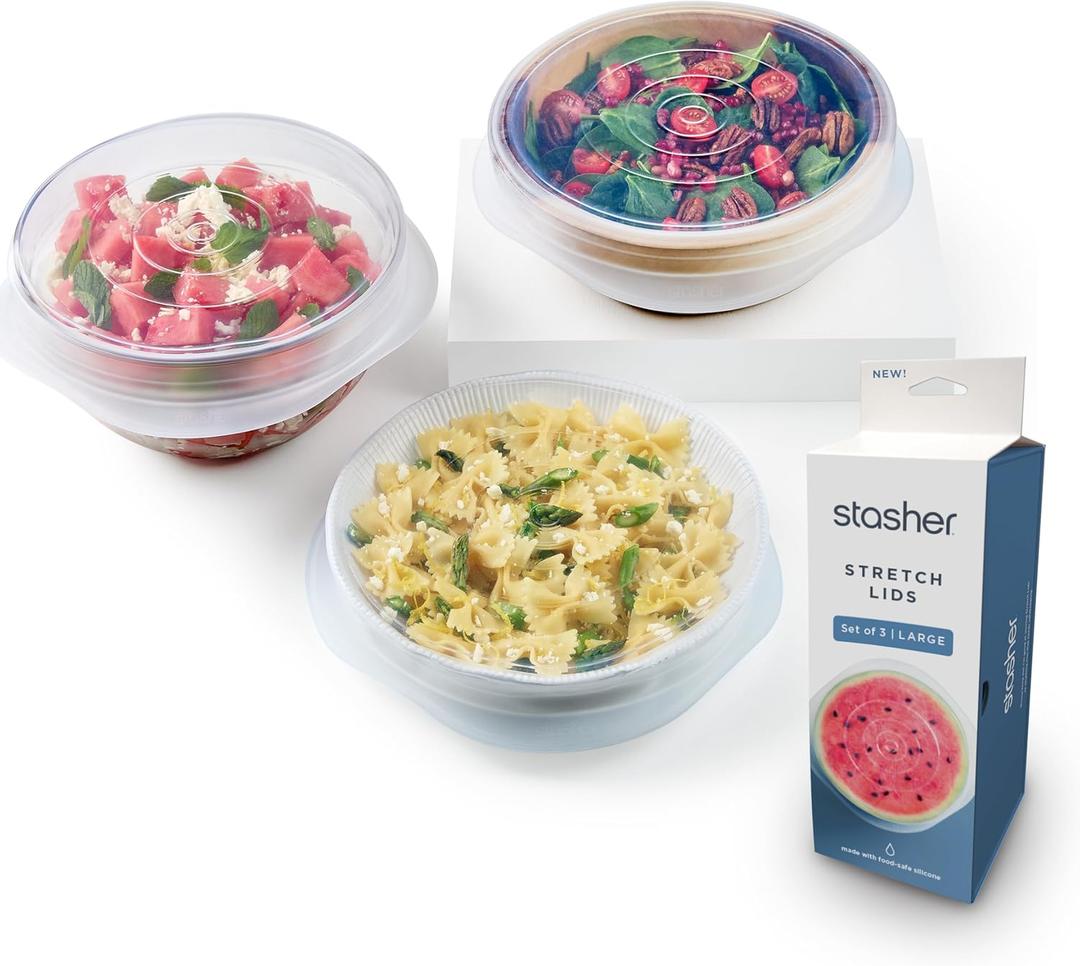 Stasher Premium Reusable Silicone Stretch Lids, Clear, Lids, Airtight Seal, Food Container Covers, BPA Free, Leak-free, Dishwasher Safe, Microwave Safe, Eco-Friendly (Large 3-Pack)