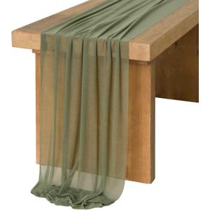 Ling's Moment 14Ft Sage Green Chiffon Like Table Runner with Silver Sparkle Light Green Sheer Table Runner for Wedding Rustic Boho Wedding Party Bridal Shower Decorations Birthday Campsite Green
