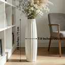 White Tall Ceramic Floor Vase, 28 Inch, Ribbed Drum Design