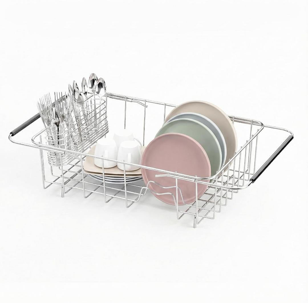 JAQ Dish Drainer in Sink Adjustable 14.96" to 22.44", Expandable 304 Stainless Steel Metal Dish Drying Rack Organizer with Stainless Steel Utensil Holder Over Inside Sink Counter
