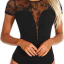 Lrady Women's Sheer Mesh Turtleneck Neck See Through Leotard Bodysuit Body Tops (Large, Black-98)