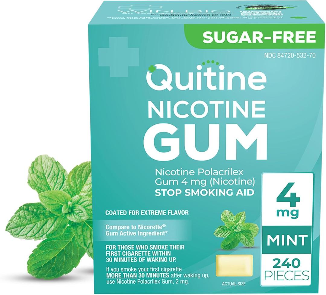 Quitine Nicotine Gum 4mg, Mint Flavor, Stop Smoking Aid  Relieve Nicotine Cravings with Effective, Affordable NRT | Long-Lasting Flavor, 240 Count, Traditional Gum to Support Your Quit Journey (4mg  Smokes more than 20/day)