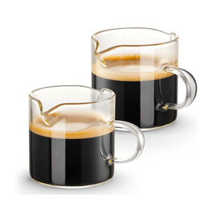 Espresso Cups Set of 2, 4 OZ Double Spouts Cups, Shot Glasses, Milk Cup with Handle, Clear Glass, Espresso Accessories for Machine, Small