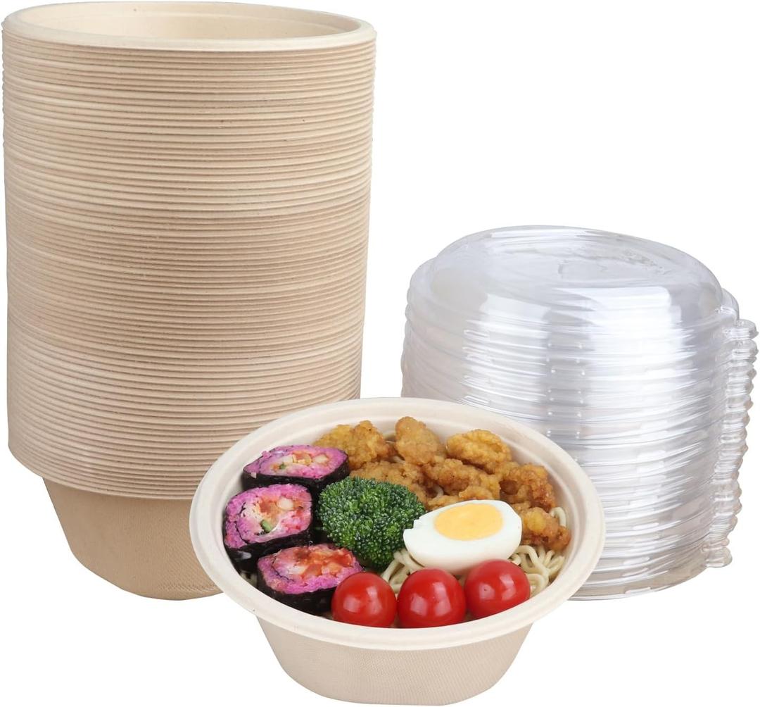 32 oz Round Disposable salad bowls with lids, Sugarcane Fiber Paper Bowls take away food containers Plant Fibers Freezer Safe 50 Pack
