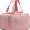 Travel Toiletry Bag, Puffy Wide-open Quilted Makeup Bag for Women,Lightweight Cosmetic Travel Bag Organizer with Handle for Traveling, Accessories, Essentials Toiletries, Pink