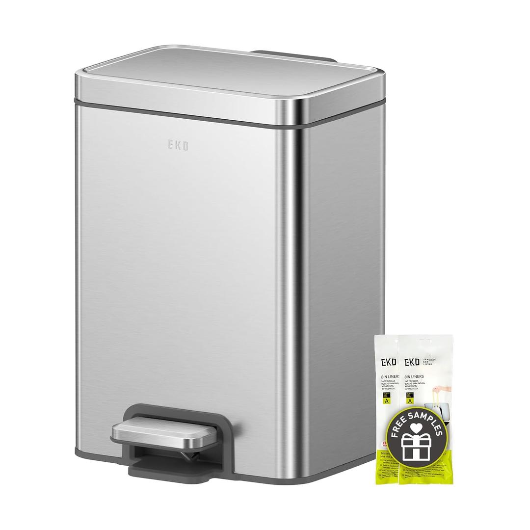 EKO Madison Brushed Stainless Steel 1.6 Gal/6L Bathroom Small Step Trash Can or Recycling Bin, Removable Inner Liner, Soft Close Lid, Fingerprint Resistant Finish