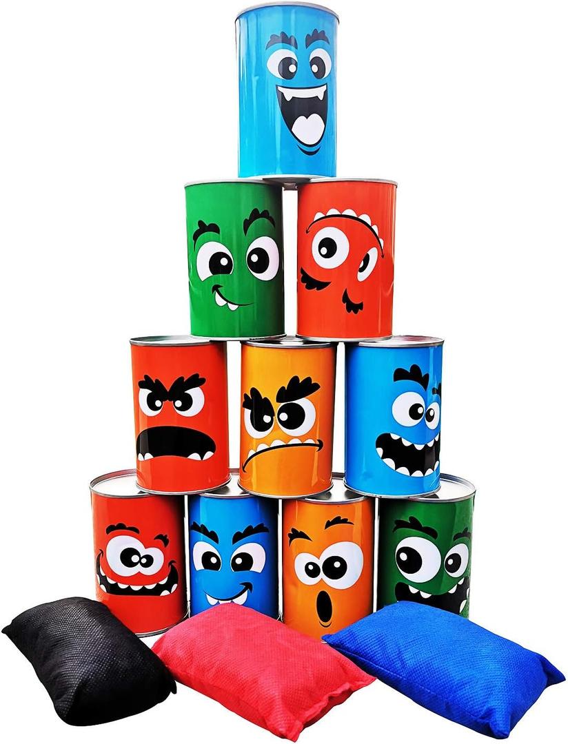 Bean Bag Toss Game for Kids Adults Family Indoor Outdoor Fun, Carnival Can Toss Game for Holiday Birthday Party Backyard Outside Activities- 10 Funny Face Cans and 3 Bean Bags, Kids Bowling Set