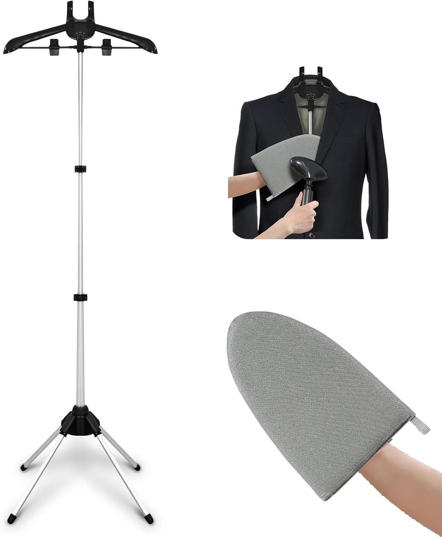 Garment Steamer Hanger Stand & Ironing Glove for Clothes, Adjustable Steamer Stand for Clothes Hanger & Mini Grey Ironing Board Portable Handheld Steamer Ironing Accessories for Clothes