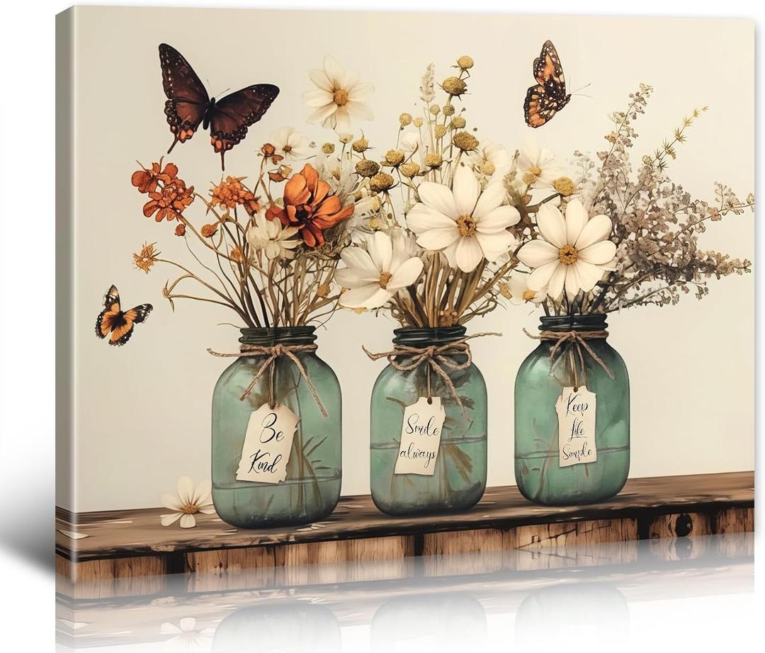 BLINFEIRU Bathroom Decor Flower Wall Art Rustic Floral Butterfly Vase Canvas Wall Art Prints Farmhouse Botanical Flowers Pictures Country Aesthetic Artwork for Bedroom Decor Framed 16"x12"