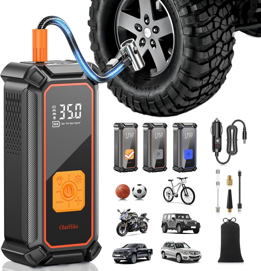 OlarHike Cordless Tire Inflator Portable Air Compressor, 150PSI Dual Mode, 5400mAh Auto Air Pump for Car Tires, Motorcycle, Bicycle, Gifts for Dad with LED Light & Digital Pressure Gauge (5400mAh+12V DC, 3-orange)