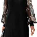 MakeMeChic Women's Summer Long Sleeve Floral Sheer Dress Wedding Guest Mesh Crew Neck Lace Black Mini Dresses, Size L