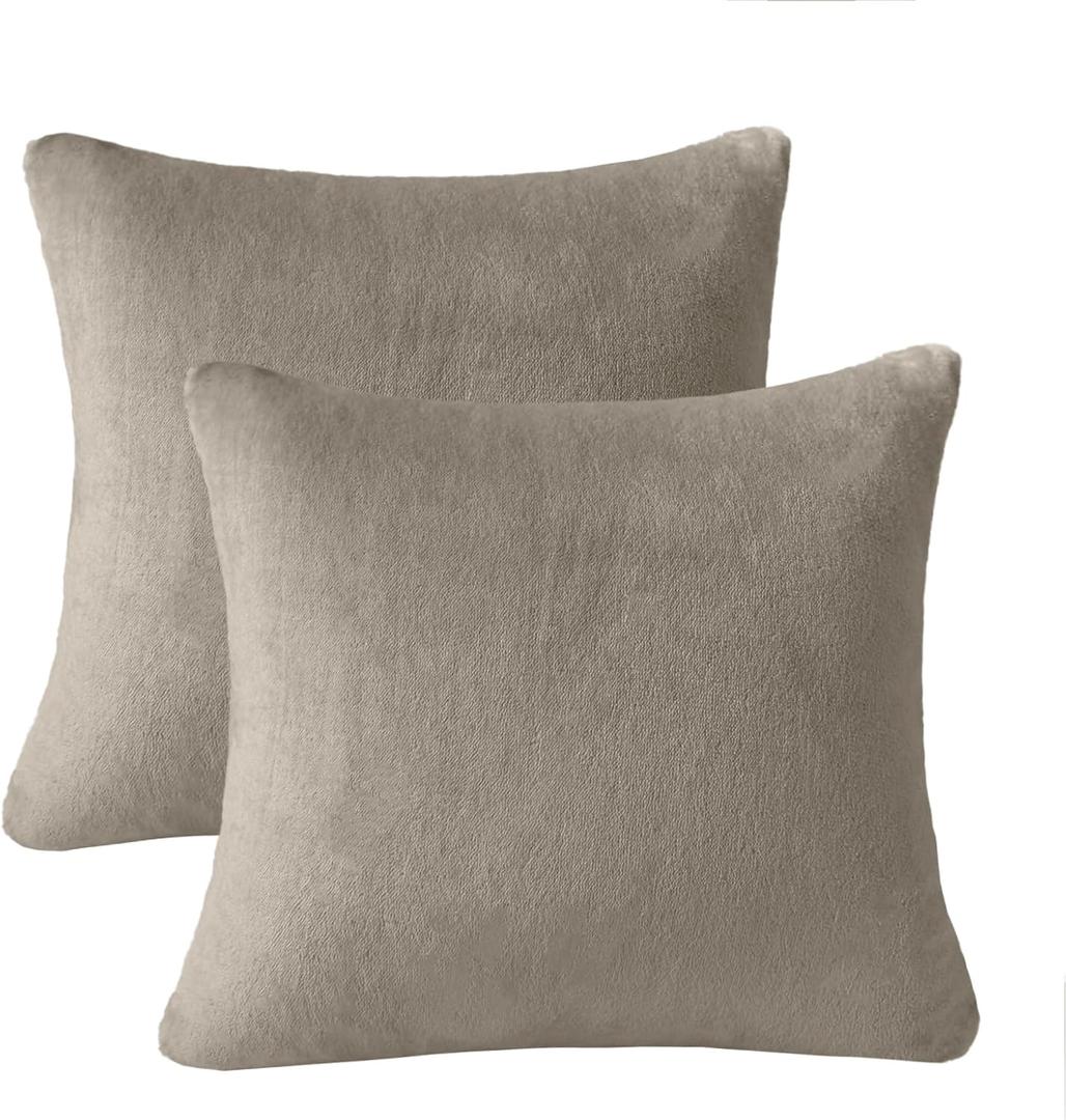 Flannel Throw Pillow Covers 16x16 inches Set of 2,Ultra Soft Cozy Pillow, Decorative Spring Pillow Covers for Sofa, Couch, Living Room,Taupe