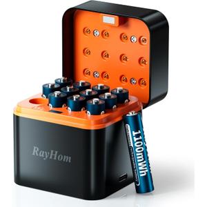 12-Pack Rechargeable Lithium AAA Batteries with Charger, 1.5V Constant Output, 1100mWh High Capacity, 12-Slot Triple AAA Li-ion Charger with Smart Charging, Multiple Charging Protections