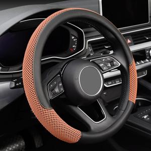 KAFEEK Steering Wheel Cover, Universal 15 inch, Microfiber Leather Viscose, Breathable, Anti-Slip,Warm in Winter and Cool in Summer, Black&Brown