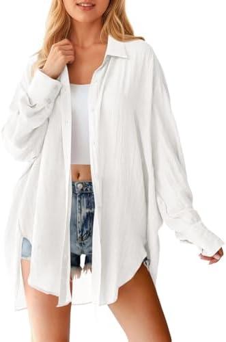 Saodimallsu Womens Oversized Button Down Shirts Long Sleeve Irregular Hem Blouse Tops (Size L, White)