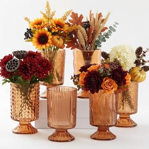 6 Pcs (H:7" W:4") Embossed Flower Vase Pedestal Glass Vase Big Base Thickened Crystal Vintage Vases for Valentines Day Wedding Home Decor Table Centerpiece House Warming Gifts(Amber)