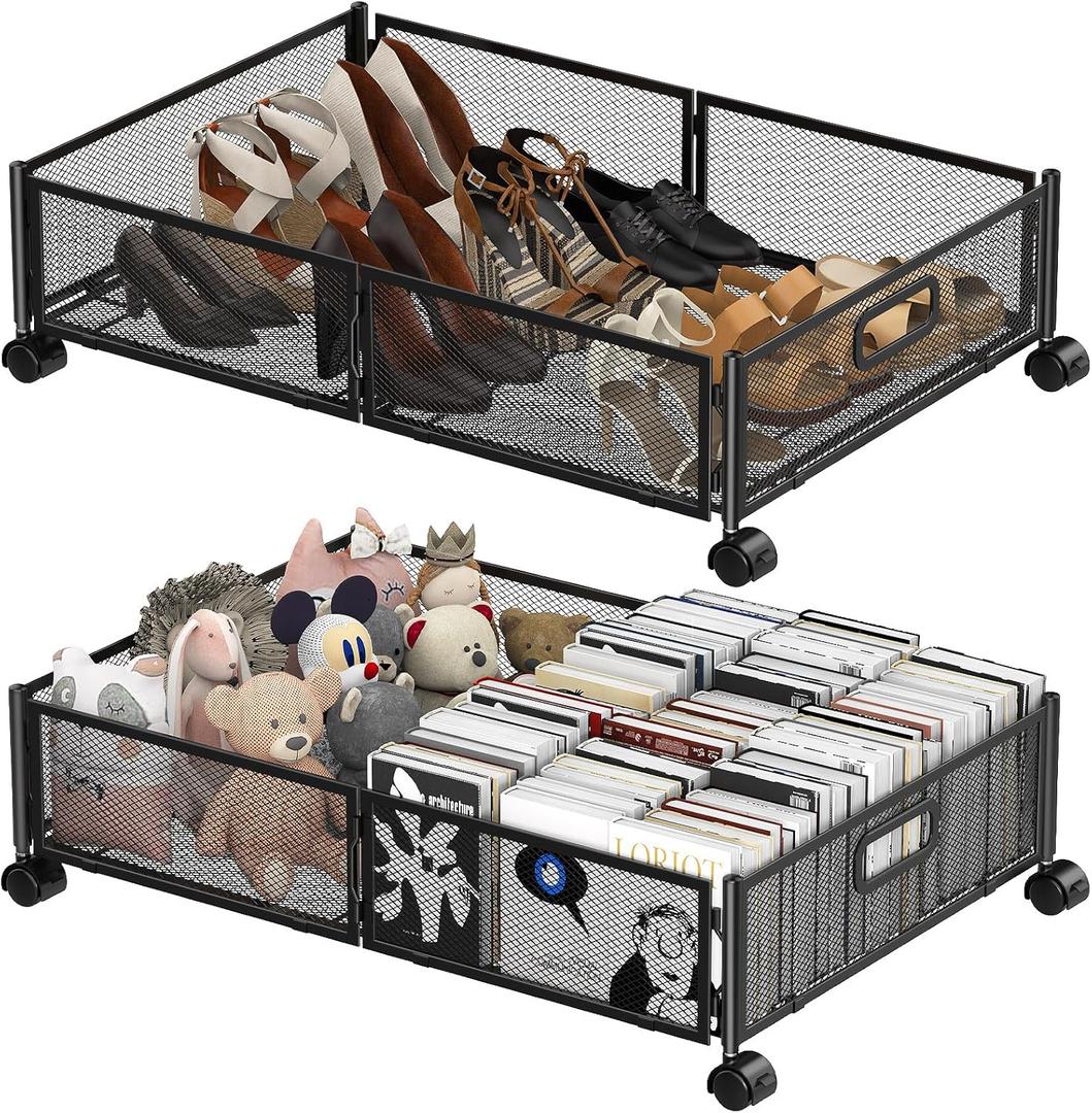 Under Bed Storage Containers, 2 Pack Foldable Underbed Storage Containers with Handles and Wheels,Folding Bed Shoes Clothes Organizer, Easy Assembly Underbed Storage for Toy, Bedding, Bedroom (Black)