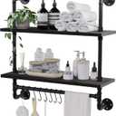 ROGMARS Industrial Pipe Bathroom Shelves Shelving,24" Black Floating Shelves for Bathroom with Towel Bar Hooks,Kitchen Wall Mounted Shelves Coffee Bar Shelf for Living Room Bedroom