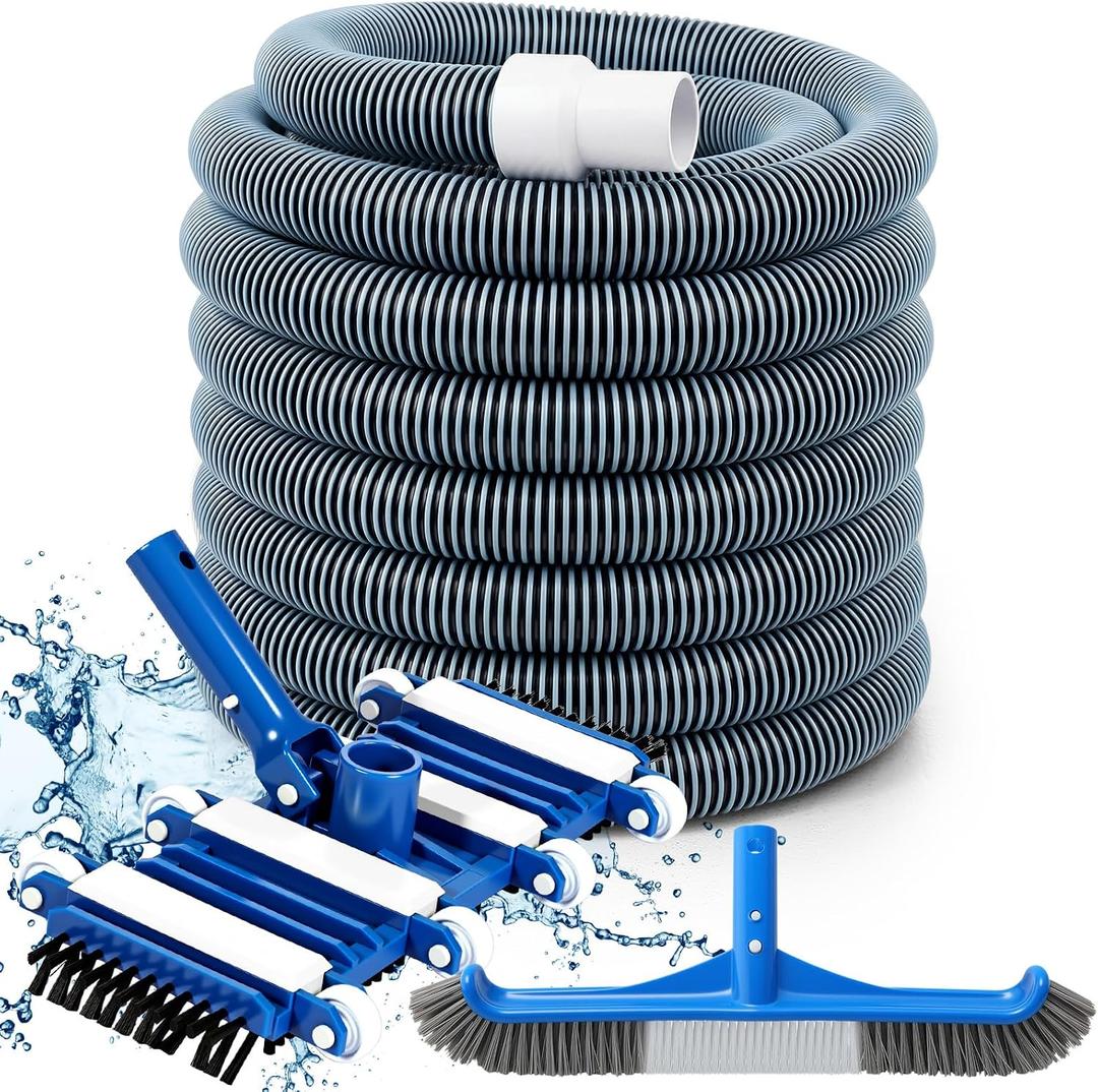 Pool Vacuum Kit Swimming Pool Vacuum Head with 1-1/2" x 30 ft Hoses Flexible Head with Wheels and 14 '' Cleaning Brush for Inground Swimming Supplies (with Bristles)