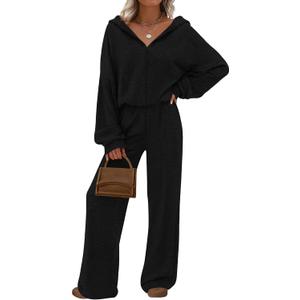 PRETTYGARDEN Women's 2 Piece Fall Lounge Sets 2025 Zip Up Hoodie Wide Leg Pants Tracksuit Matching Travel Outfits Clothes (Black, Medium)