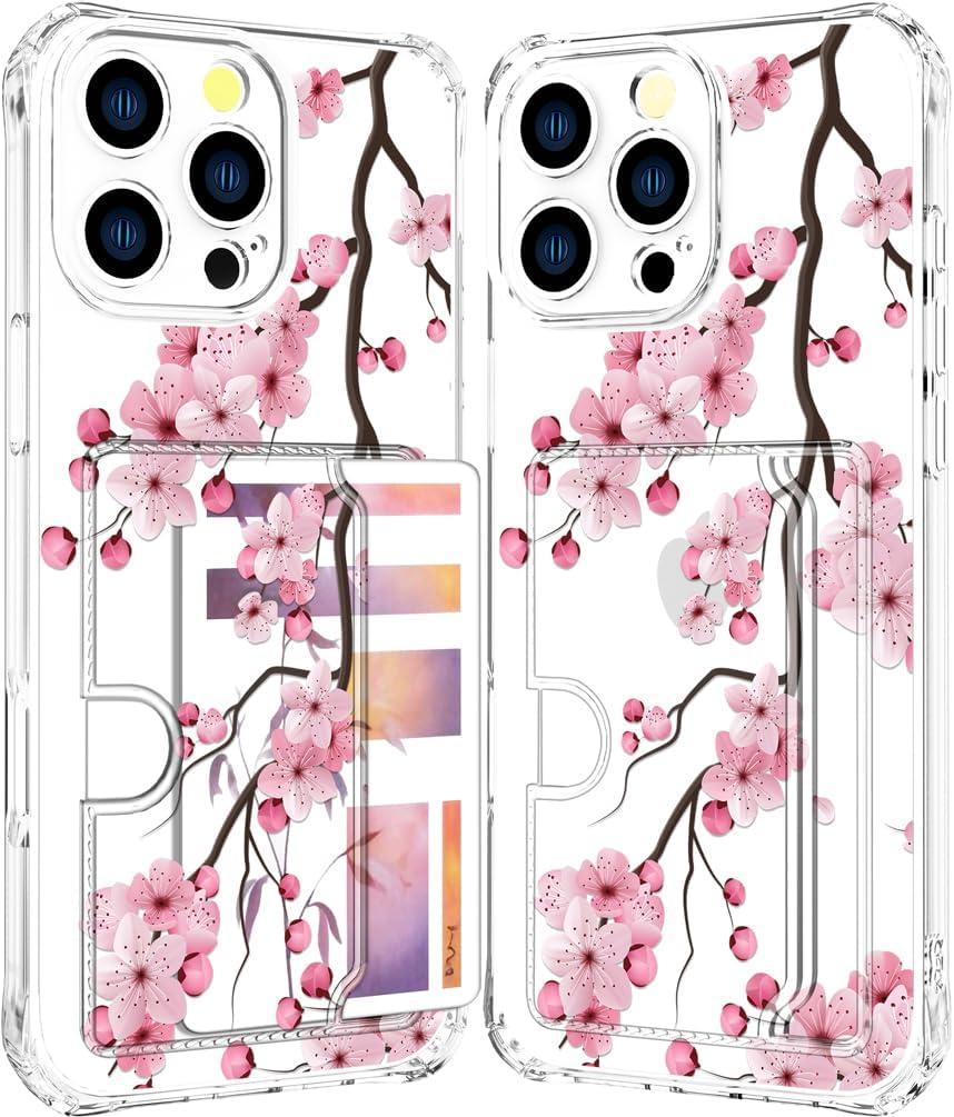 Compatible with iPhone 16 Pro Case Card Holder for Women Cute Design,Wallet Phone Cases Transparent Cool Kawaii Protective (Clear Sakura Peach Cherry)