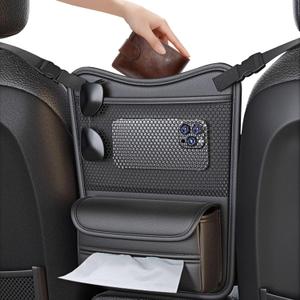 Car Organizer Storage Between Seats, Nappa Leather Headrest Hanging Storage Bag Pocket Purse Holder Snack Holder Automotive Console Organizer for Travel, Driving (Black)