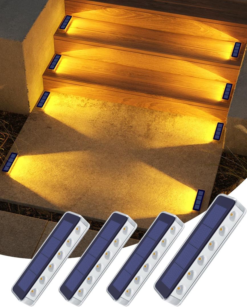 DetarZinLED Solar Step Lights for Outside, 4 Pack Solar Stair Lights Outdoor Waterproof, Warm White Deck Light Solar Powered Waterproof for Steps, Stairs, Walkway, Sidewalk, Patio, Pathway